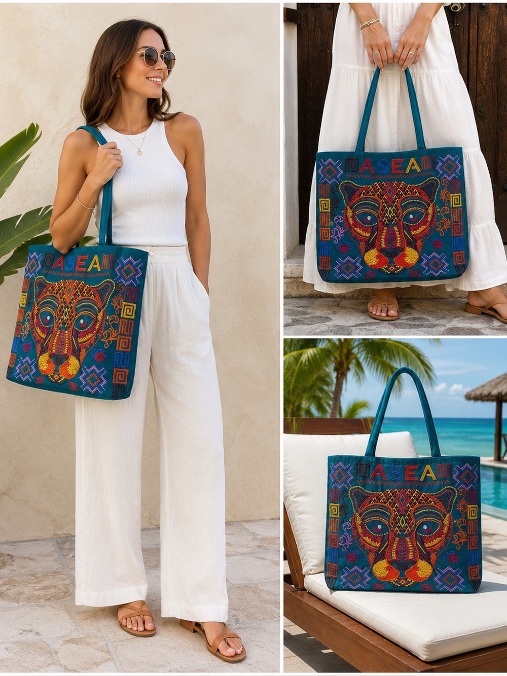 Teal Embroidered Tiger Tote Bag Colorful Tribal Top Zipper Two Back Compartment - Picture 2 of 14